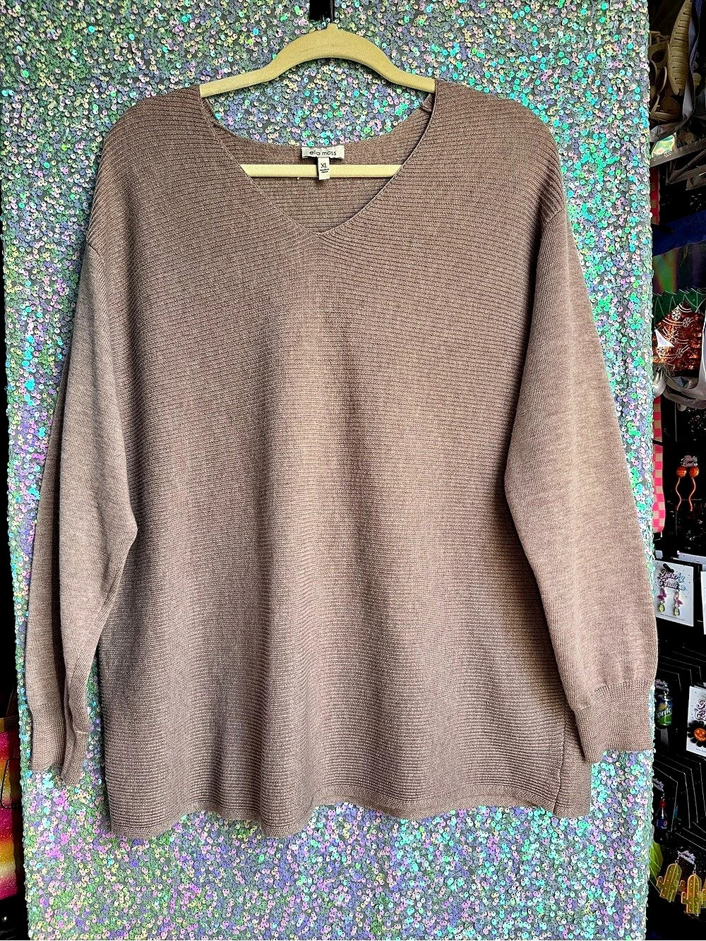 Ella Moss Ribbed V-Neck Sweater Blush Pink XL